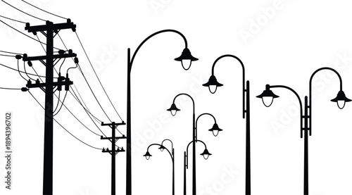 Street light and electric pole silhouettes, urban power lines and lamp posts, city infrastructure vector illustration isolated on white background