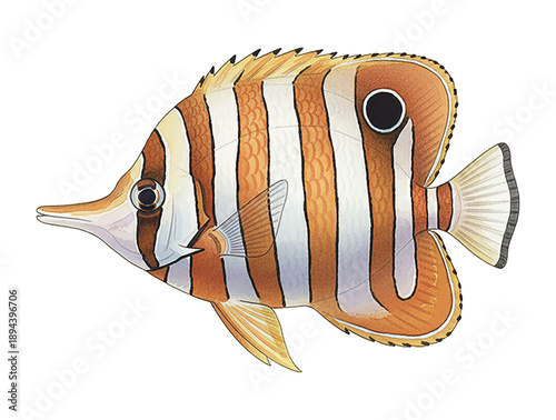 A detailed illustration of a Copperband Butterflyfish showing its unique long snout and vibrant orange and white stripes