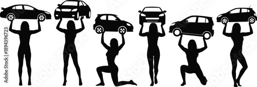 Strong woman silhouettes lifting cars overhead, female power and strength concept, fitness motivation illustration, empowerment theme, black white vector set