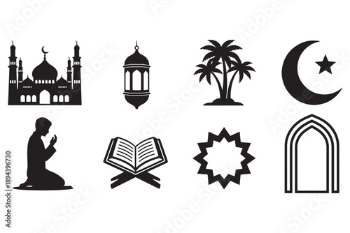 A collection of Islamic symbols and icons on a white background