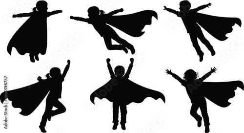 Superhero kids flying silhouettes, children imagination power fantasy play, cape flying action poses, childhood dream hero concept illustration