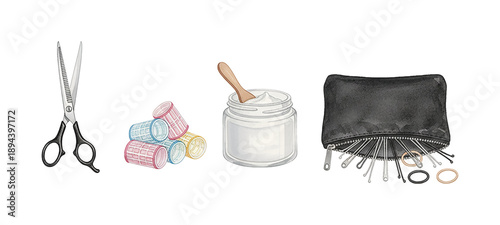 Professional hairdressing tools and beauty accessories with thinning scissors curlers hair cream and bobby pins