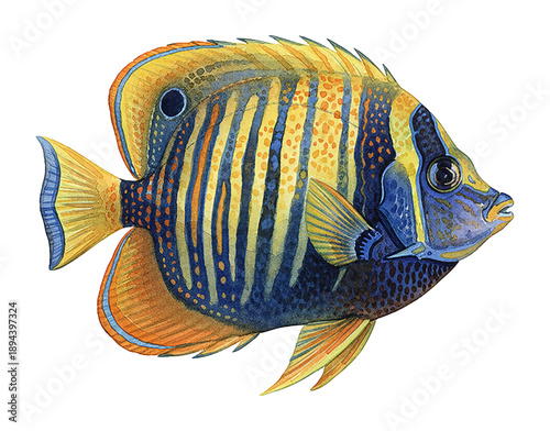 A vibrant watercolor illustration of a tropical angelfish with blue yellow and orange stripes and spots