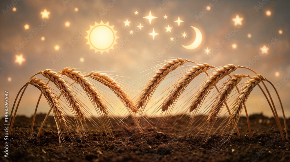 Obraz premium Golden wheat stalks grow from fertile soil under a symbolic sky with sun, moon, and stars.