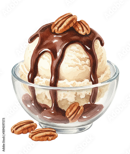 Vanilla ice cream scoop in a glass bowl with chocolate syrup and pecan toppings watercolor illustration