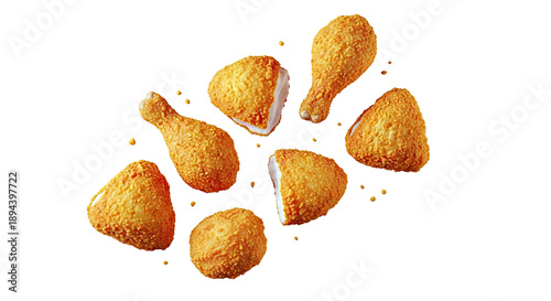 Crispy Fried Chicken Pieces Levitating with Seasoning Sprinkles