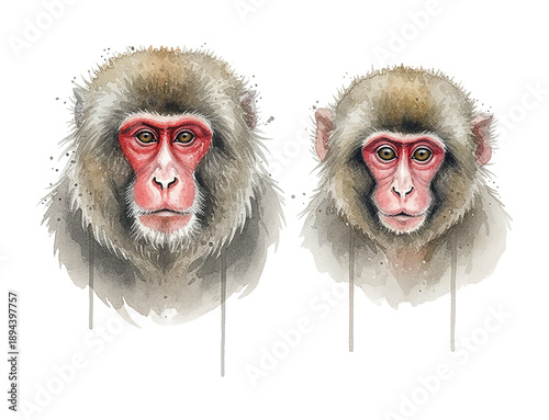 Two Japanese Macaque Monkeys with Red Faces Looking Straight Ahead in a Calm Neutral Expression Watercolor Illustration