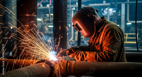 Sparks of Industry: Welder working with sparks flying in industrial workshop at night  