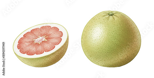 Fresh whole and half cut pomelo fruit showing vibrant pink flesh juicy healthy citrus food illustration