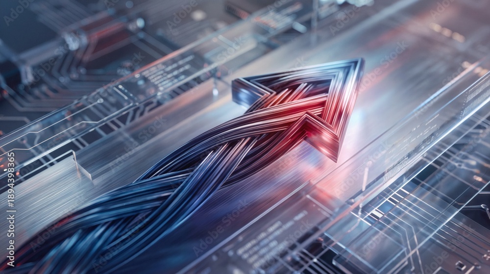 Fototapeta premium Dynamic Interwoven Arrow Symbolizing Technological Progress and Data Flow in a High-Tech Environment