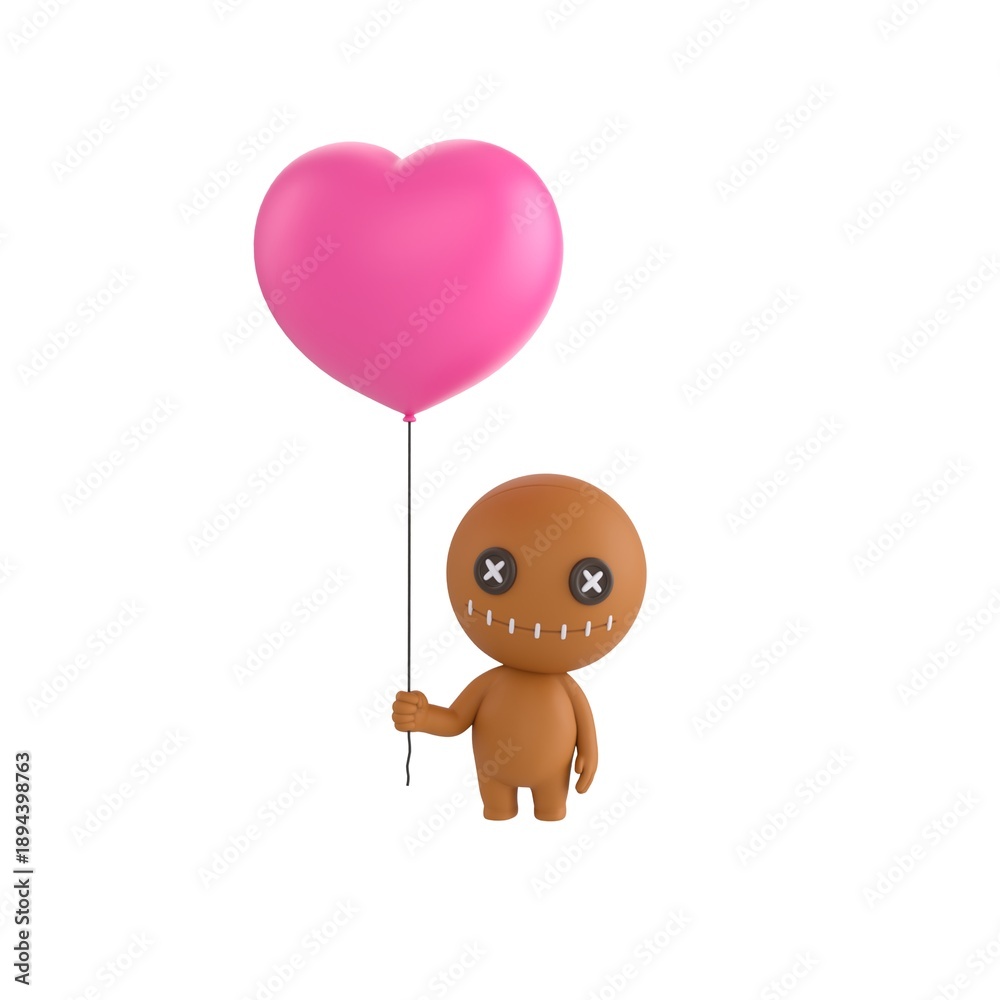 Fototapeta premium Cute 3D render Doll character standing and holding a heart-shaped balloon, sweet and affectionate pose, isolated on white background.