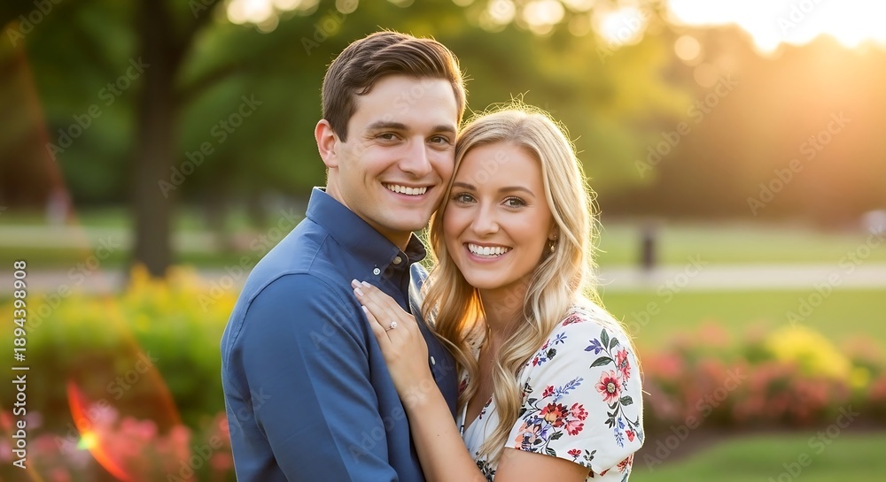Fototapeta premium Engaged couple smiling in the park