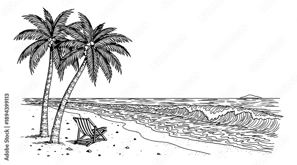 Fototapeta premium Hand drawn line art illustration of a tropical beach scene depicting palm trees, ocean waves, and a beach chair for summer vacation and relaxation concepts
