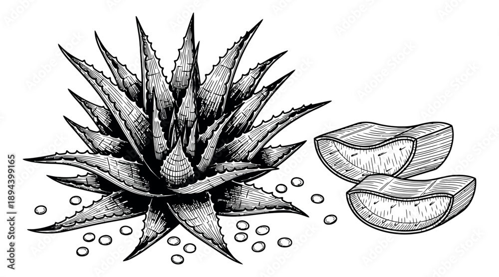 Fototapeta premium Hand drawn line art aloe vera botanical set featuring a whole plant, sliced leaves, and gel droplets for natural cosmetic and herbal medicine use