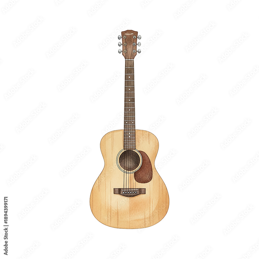 Obraz premium A detailed watercolor illustration of an acoustic guitar with light wood texture and warm tones on white