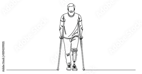 Continuous line art illustration of a man with a prosthetic leg depicting walking with crutches for medical support and rehabilitation