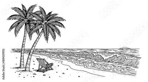 Hand drawn line art illustration of a tropical beach scene depicting palm trees, ocean waves, and a beach chair for summer vacation and relaxation concepts