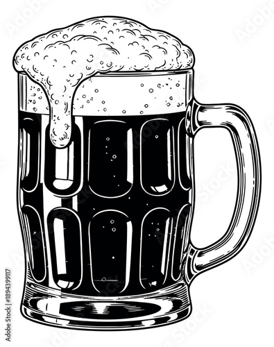 Hand drawn line art illustration of a beer mug depicting frothy beer with foam for pub designs