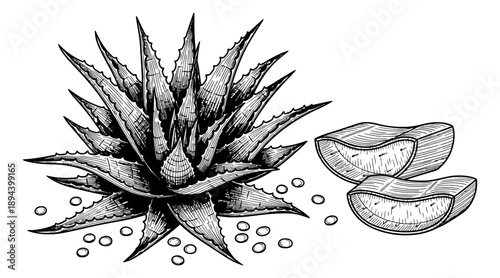 Hand drawn line art aloe vera botanical set featuring a whole plant, sliced leaves, and gel droplets for natural cosmetic and herbal medicine use