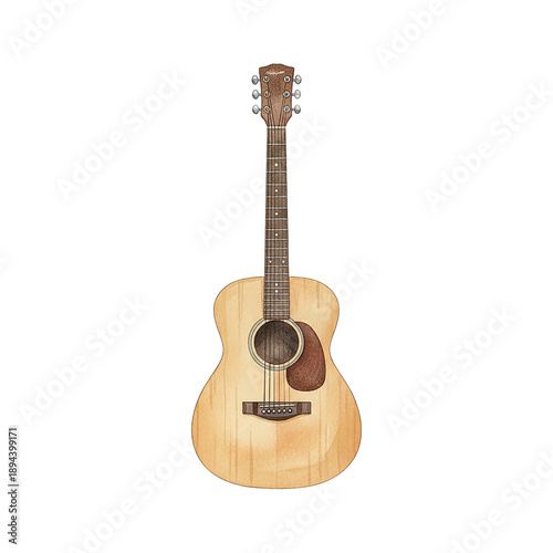 A detailed watercolor illustration of an acoustic guitar with light wood texture and warm tones on white