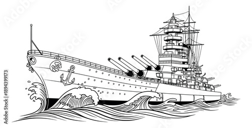 Hand drawn line art illustration of a battleship depicting naval power on the ocean for military history