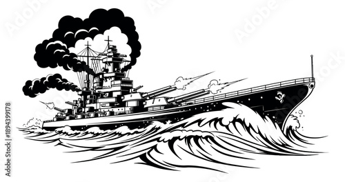 Bold line art illustration of a battleship depicting firing cannons and steaming on rough seas for military or naval themes
