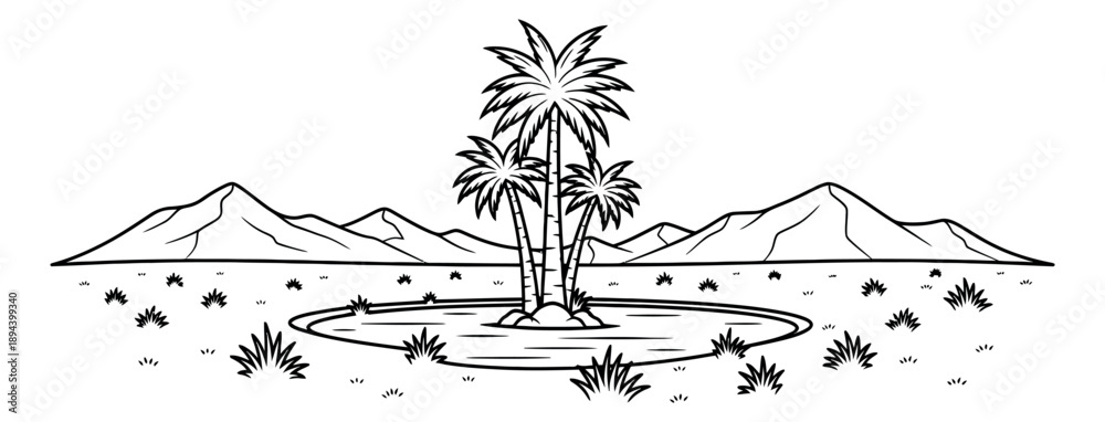 Obraz premium Hand drawn line art illustration of a desert oasis depicting palm trees, water, and mountains for nature and travel