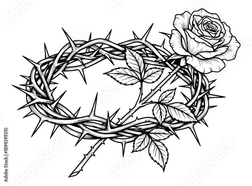Hand drawn line art illustration of a crown of thorns and a rose depicting symbolic contrast of suffering and beauty for religious and conceptual designs