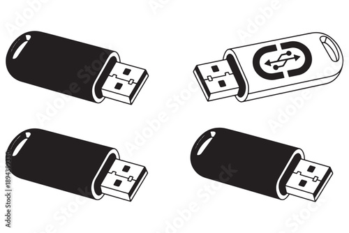 A set of USB flash drives with different designs on a white background