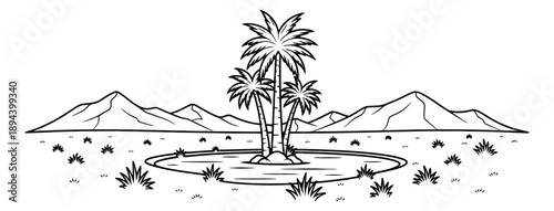 Hand drawn line art illustration of a desert oasis depicting palm trees, water, and mountains for nature and travel