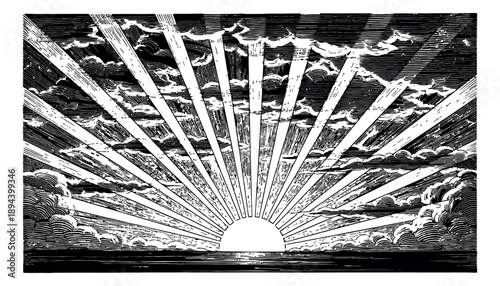 Vintage line art illustration of a sunrise depicting radiant rays over the ocean for a nature concept