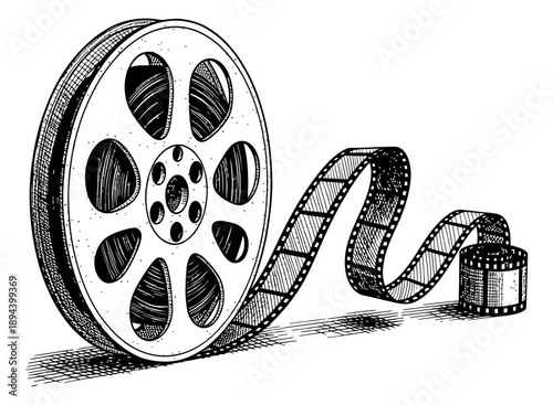 Hand drawn line art illustration of a film reel depicting film unwinding for cinema and vintage concepts