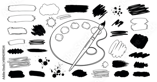 Hand drawn art elements set featuring a painter's palette, paint brush, ink splatters, and abstract brush strokes for creative graphic design