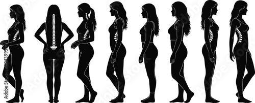 Female body posture silhouettes with spine alignment, side view woman figure set, medical back pain concept vector illustration