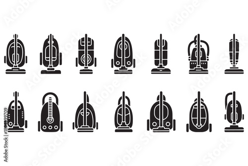 A collection of various vacuum cleaner icons in black and white