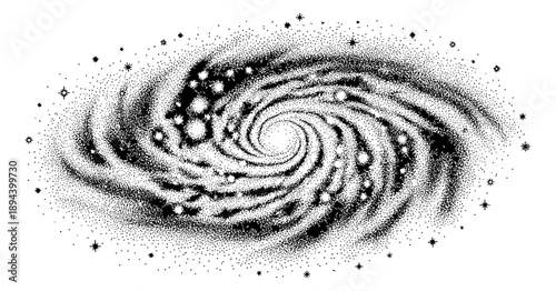 Stipple art illustration of a spiral galaxy depicting swirling stars for cosmic themes