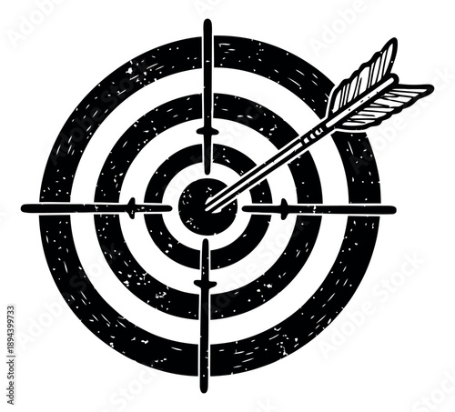 Distressed hand drawn illustration of a target with an arrow depicting hitting the bullseye for business success and goal achievement