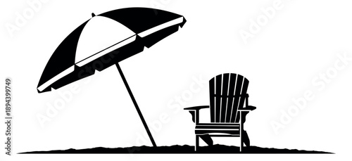 Simple silhouette summer set featuring a beach umbrella and adirondack chair for beach vacation