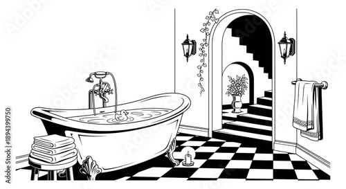 Hand drawn line art illustration of a vintage bathroom depicting a clawfoot bathtub and elegant decor for interior design