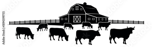 Silhouette farm scene set featuring a barn, fence, and grazing cattle for rural design