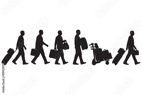 Silhouettes of business travelers walking with luggage on a white background