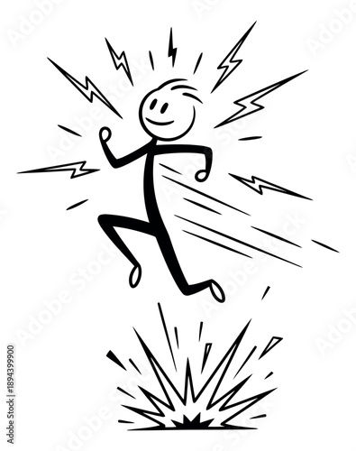 Hand drawn line art illustration of a stick figure man depicting a powerful jump for expressing energy and innovation