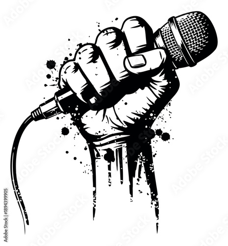 Grunge line art illustration of a fist holding a microphone depicting strength and expression for music and protest