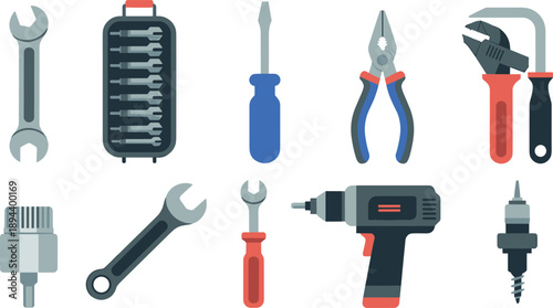 Hand tools vector illustration set with wrench screwdriver pliers drill bits toolbox repair equipment flat design isolated white background icons