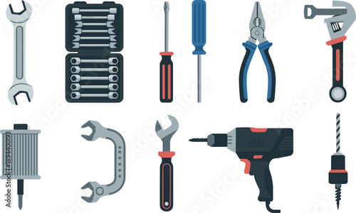 Hand tools illustration set featuring wrenches screwdrivers pliers drill bits toolbox equipment flat vector isolated white background design style icons