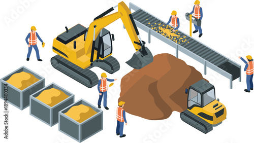 Isometric construction site illustration with excavators conveyor belt workers material handling industrial mining process vector