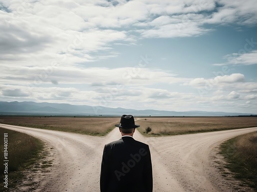 Rear View of a Businessman at a Three-Way Road Fork in a Wide Landscape