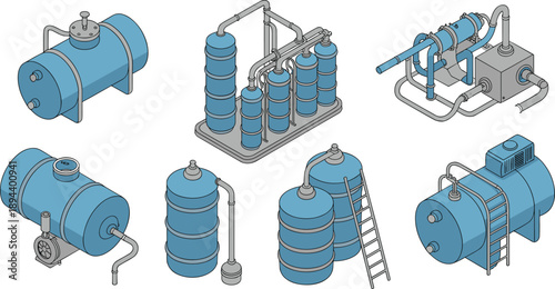 Isometric industrial storage tanks processing equipment and pipeline systems illustration for chemical plant oil gas refinery manufacturing technology engineering operations