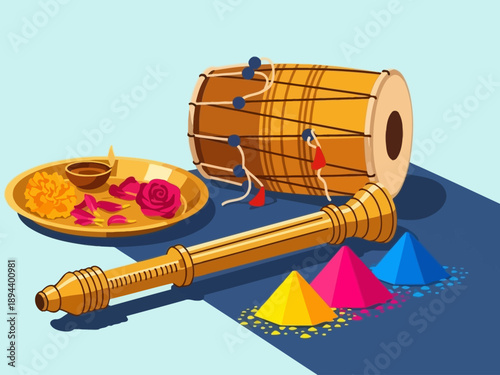 Chag Purim Sameach greeting with colorful geometric shapes and confetti.