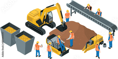 Isometric mining and construction workflow illustration with excavator conveyor belt workers loading materials heavy machinery industrial vector scene